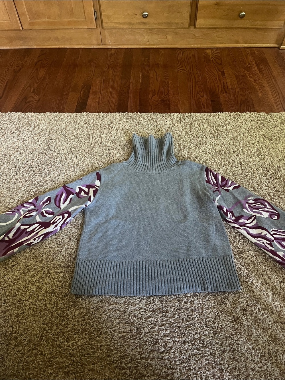 CAbi Gray Turtleneck Sweater with Purple and Cream Patterned Sleeves